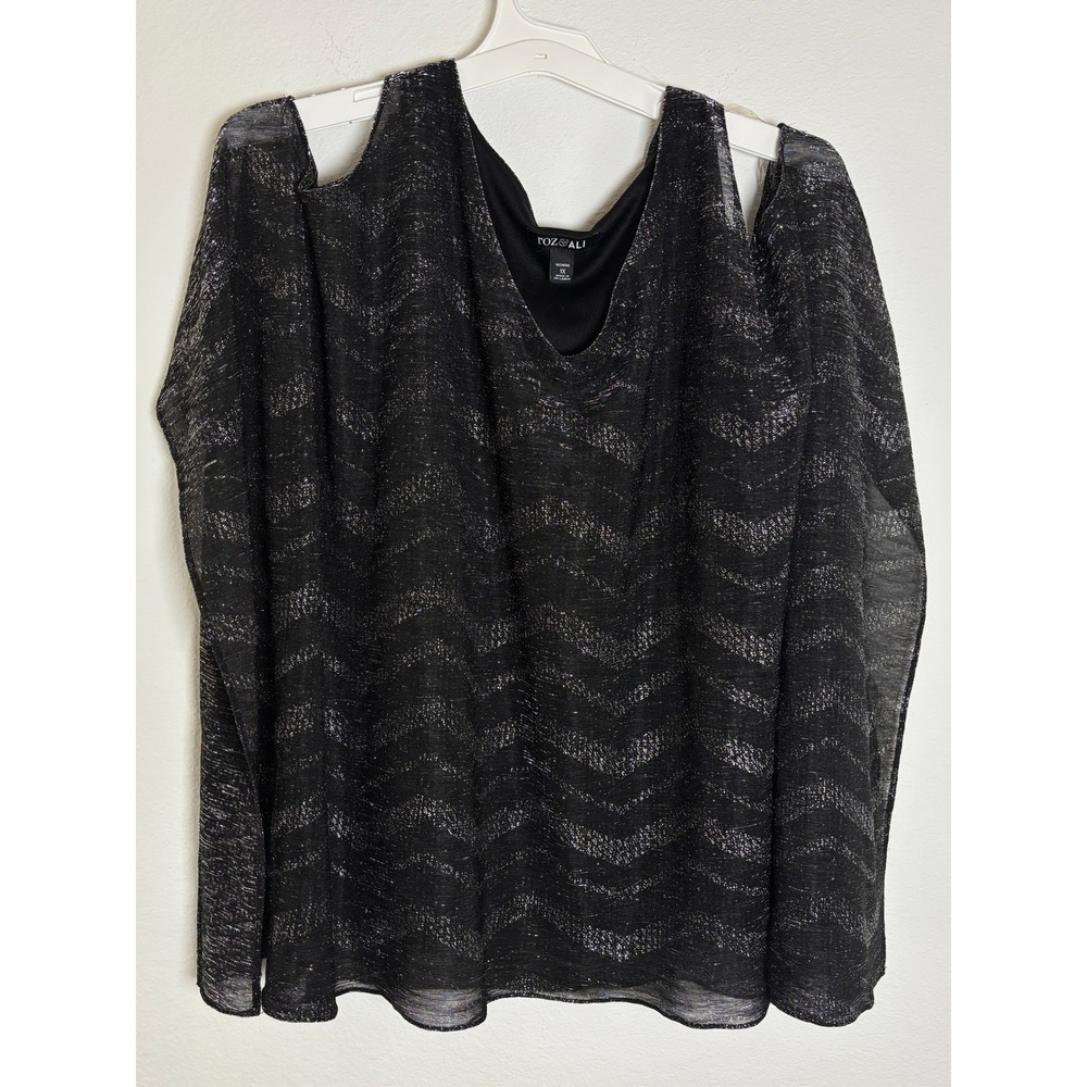 Roz & Ali Black Silver Metallic Chevron Cold Shoulder Blouse Plus Size 1X Top